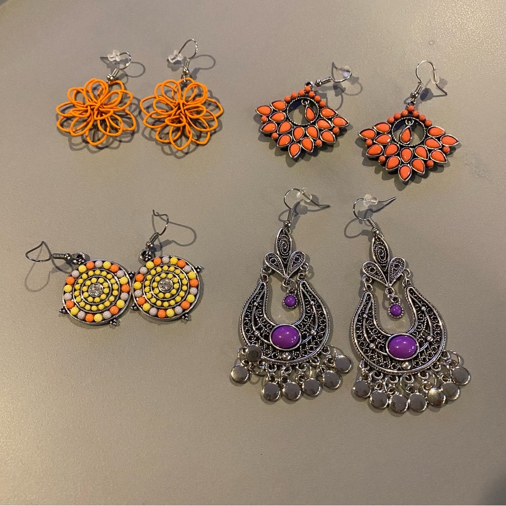 Paparazzi bundle earrings set of 4 orange, yellow, purple, silver